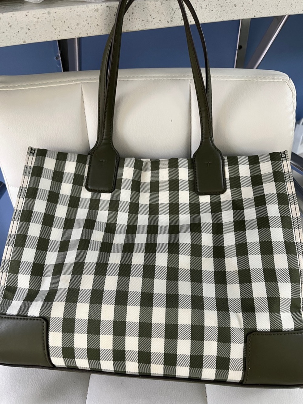 Tory Burch Olive and White Gingham Logo Tote with Leather Trim - Picture 6 of 11